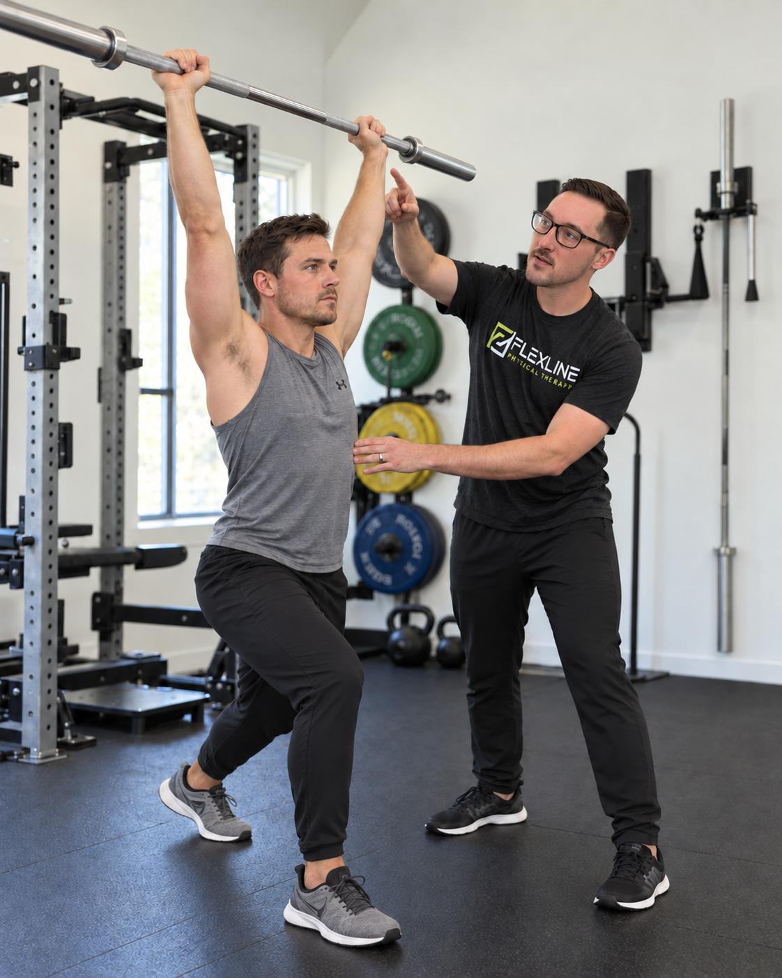 Physical therapist checking overhead shoulder position and control in an athlete with shoulder pain after overhead training