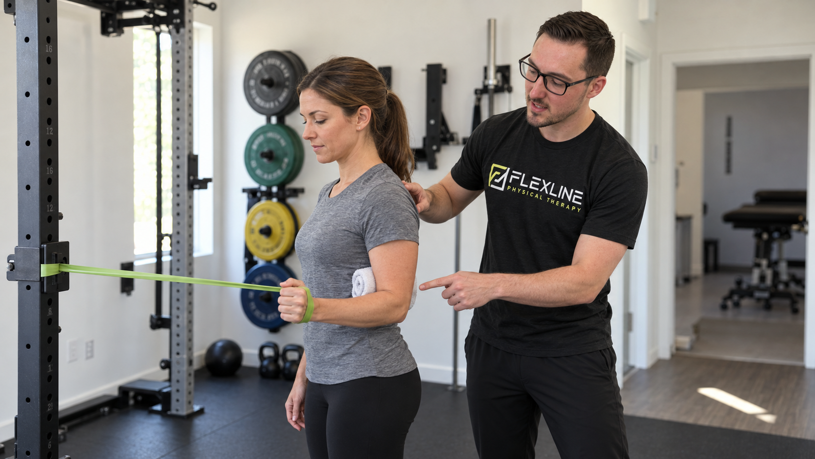 Physical therapist guiding a patient through a rotator cuff strengthening exercise for shoulder impingement