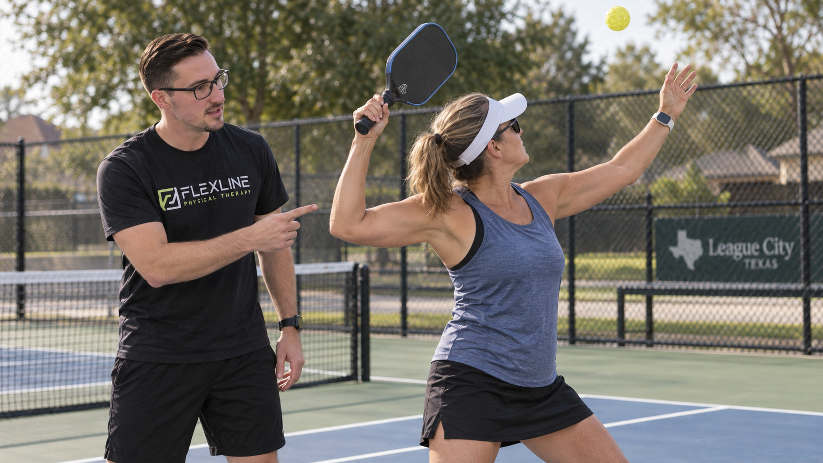 Physical therapist assessing overhead shoulder motion to identify the cause of pickleball-related shoulder pain