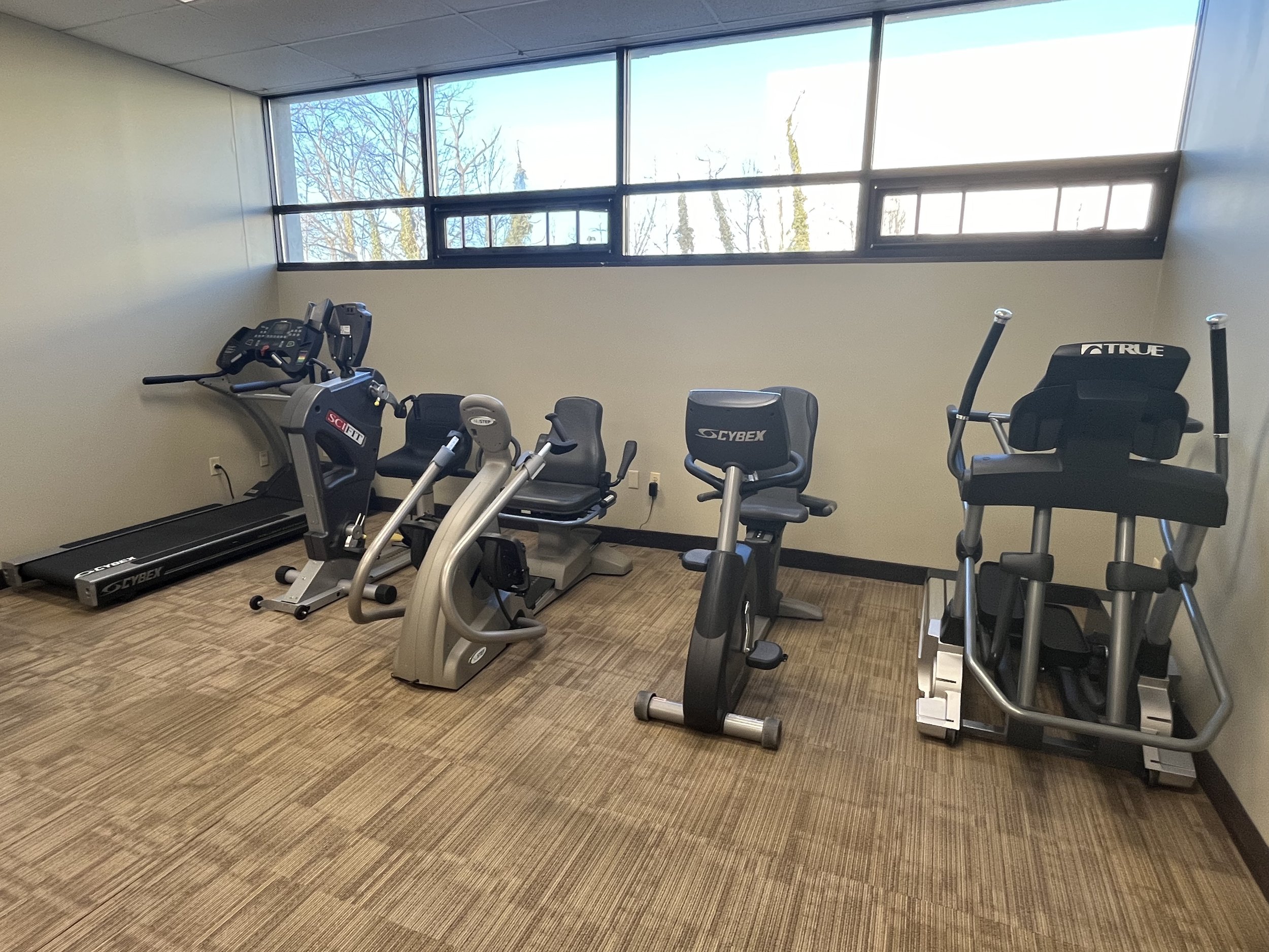 Small gym room with treadmill, elliptical machines, and recumbent exercise bikes under a window.