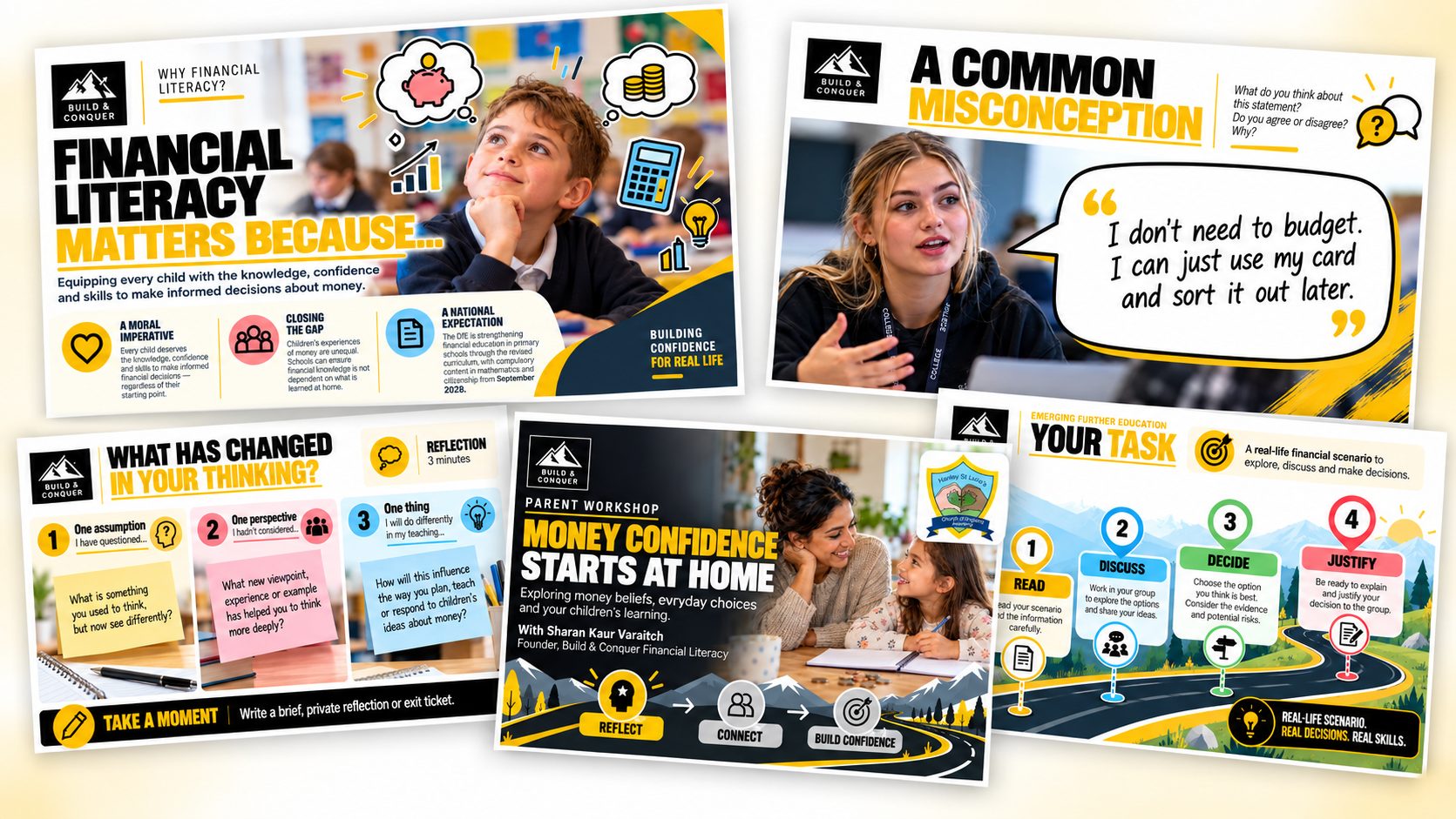 Collage of financial literacy education posters for children, parents, and educators covering money confidence, budgeting misconceptions, reflection, and real-life financial decision-making.