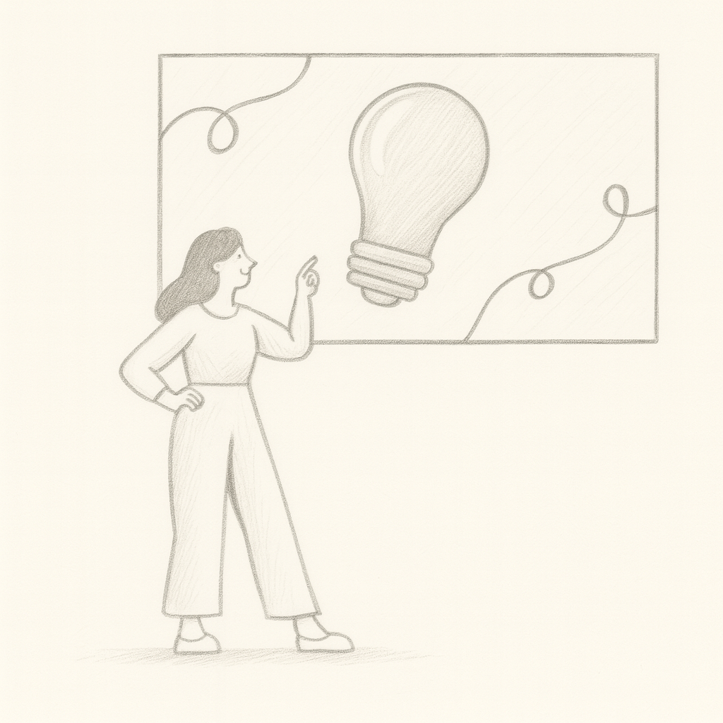 Illustration of a woman pointing toward a large light bulb on a board with decorative swirls.