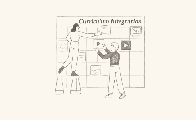 Illustration of two educators collaborating on a classroom display labeled “Curriculum Integration,” with lesson plans, media icons, and student work.