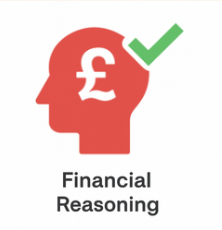 Red head silhouette with a British pound symbol, green checkmark, and the words “Financial Reasoning.”