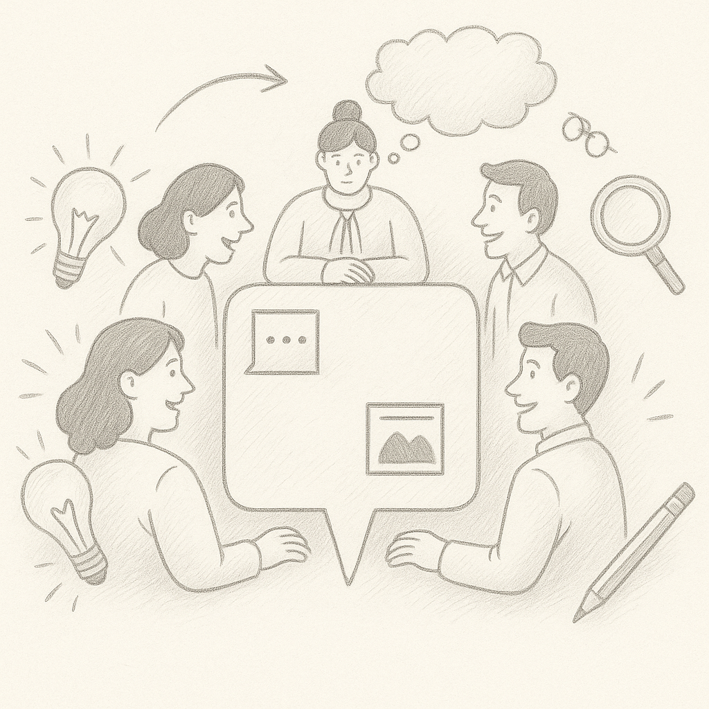Illustration of five coworkers brainstorming around a speech bubble with ideas, light bulbs, a magnifying glass, and pencil
