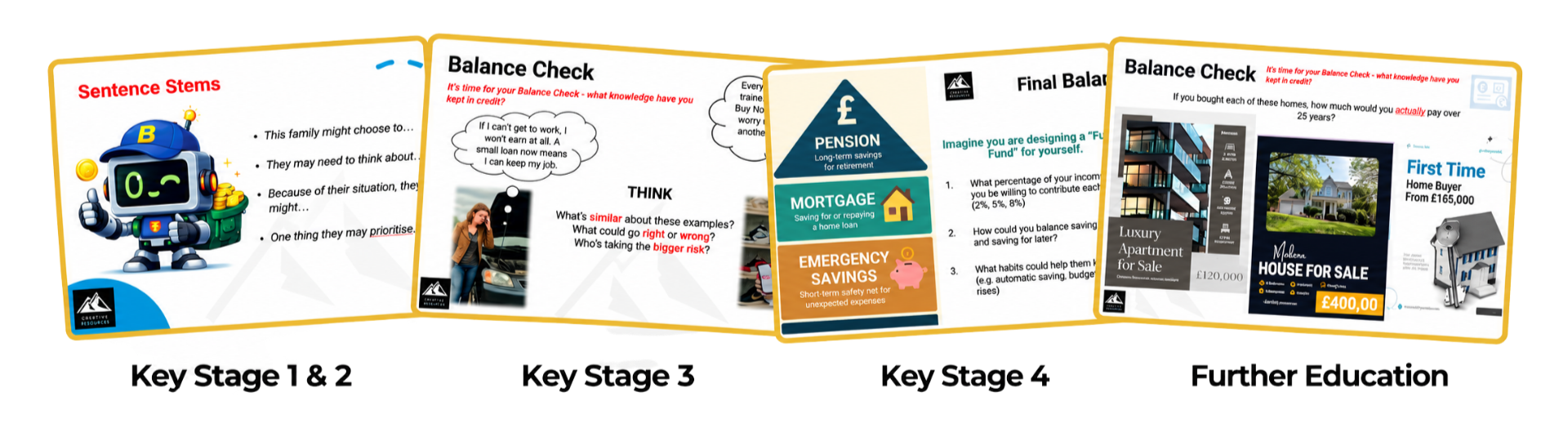 Educational finance worksheets for students across school levels, covering sentence stems, balance checks, pensions, mortgages, emergency savings, and home buying.