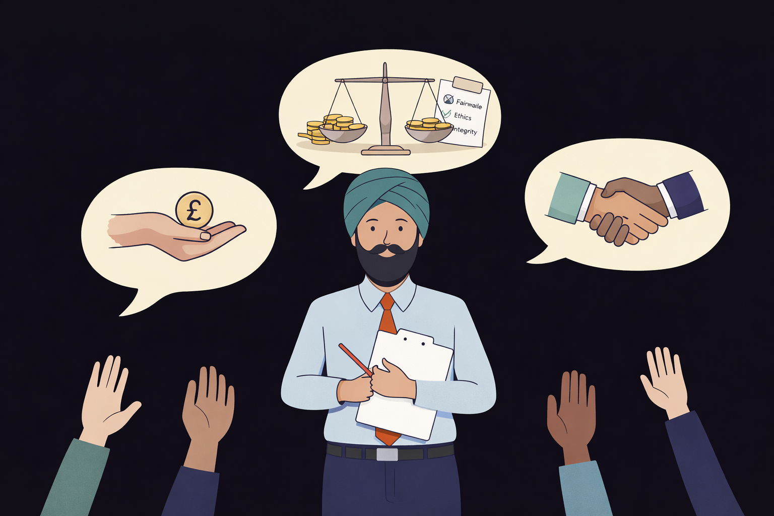 Illustration of a bearded man holding documents, surrounded by speech bubbles representing fair pay, ethical scales, and a business handshake, with raised hands in the foreground