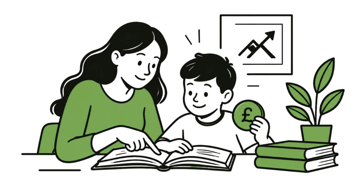 Illustration of two students studying together with an open textbook, a pound coin, stacked books, a potted plant, and a growth chart in the background