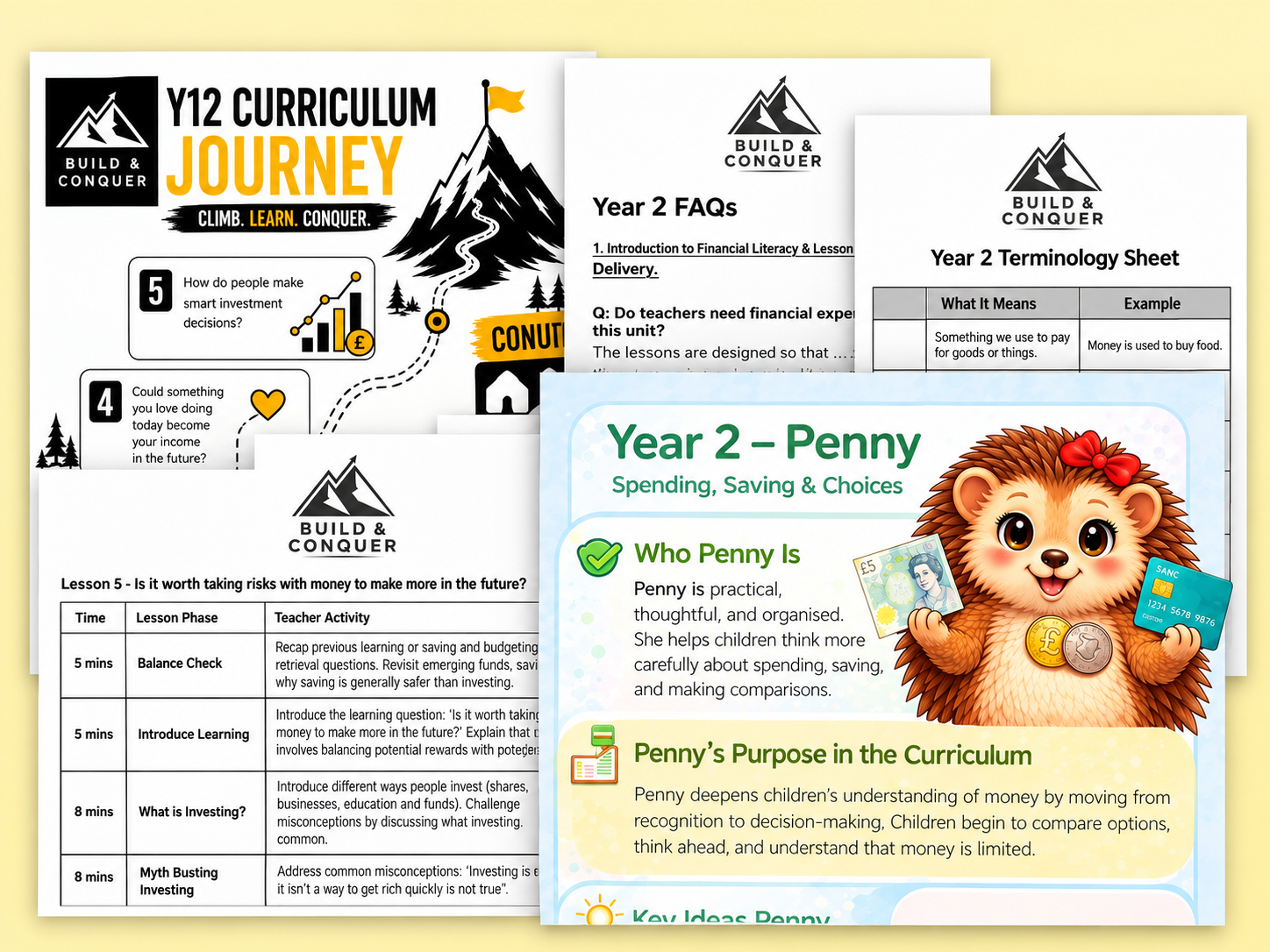 Build & Conquer Year 2 financial literacy curriculum materials, including a curriculum journey, FAQs, terminology sheet, lesson plan, and Penny the hedgehog character guide about spending, saving, and choices.