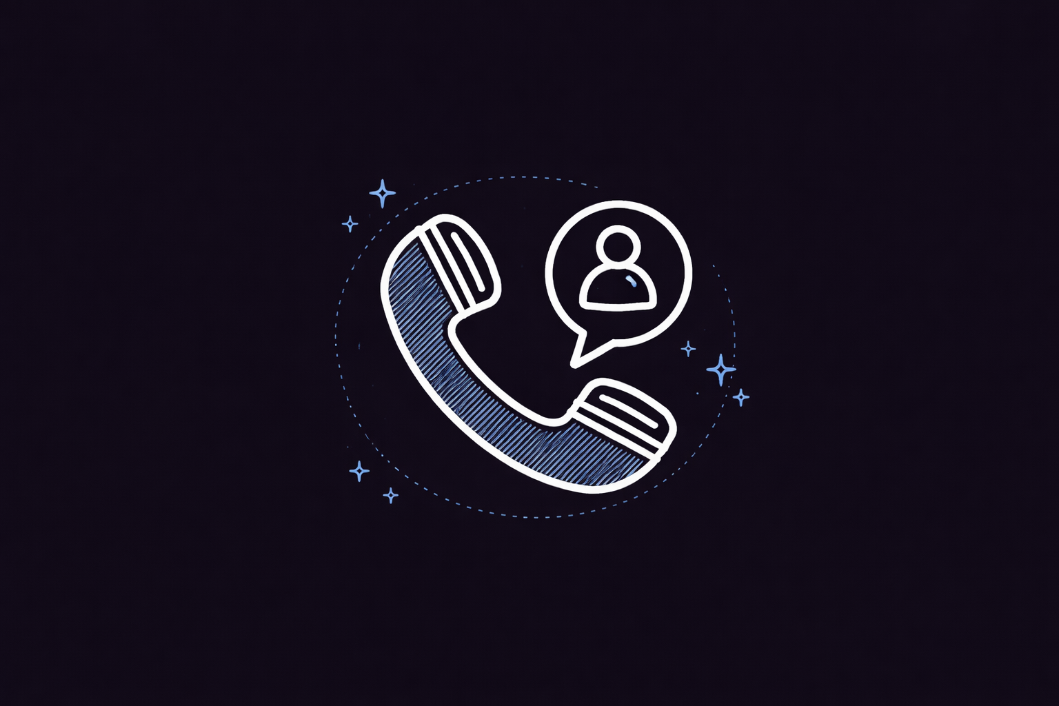 Illustration of a telephone handset and user profile icon surrounded by blue stars on a dark background