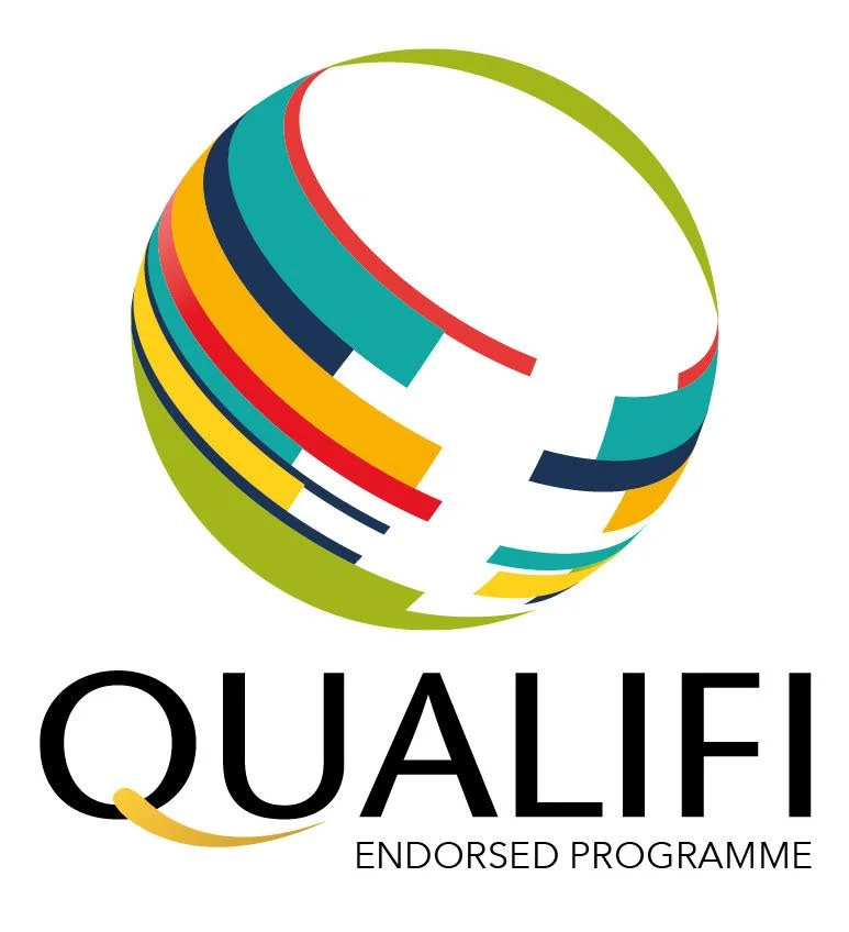 Qualifi Endorsed Programme logo with a multicolored abstract globe above black text