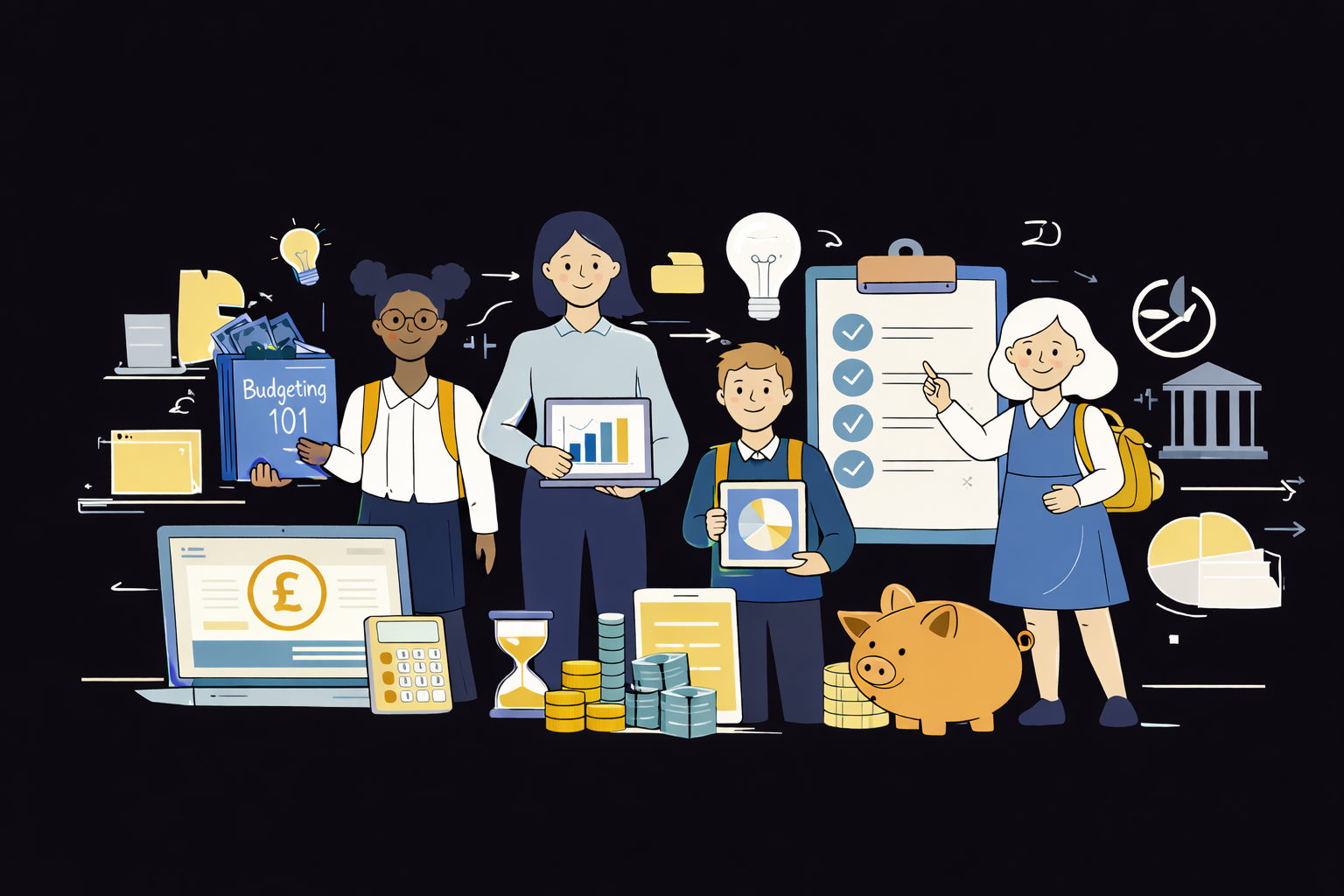 Illustration of people learning budgeting and financial literacy with charts, calculator, coins, piggy bank, savings goals, and money icons