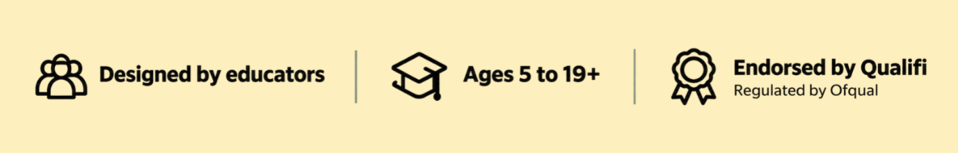 Banner stating “Designed by educators,” “Ages 5 to 19+,” and “Endorsed by Qualifi,” regulated by Ofqual, with education icons.