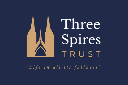 Three Spires Trust logo featuring gold church spires, white text, and the tagline “Life in all its fullness” on a navy background