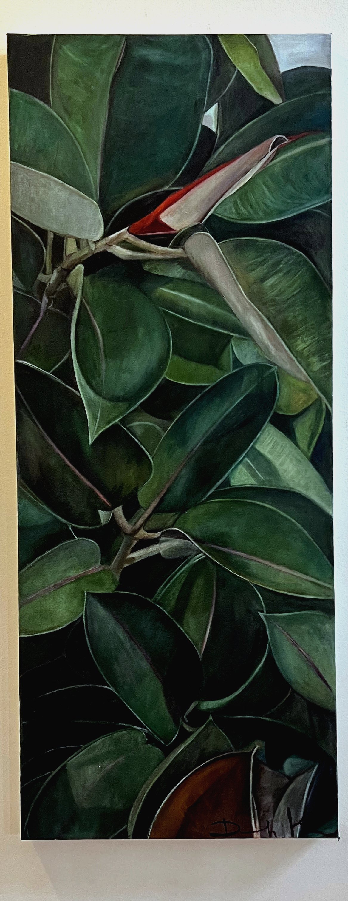 Painting of green leaves with a red and white bird perched among them.