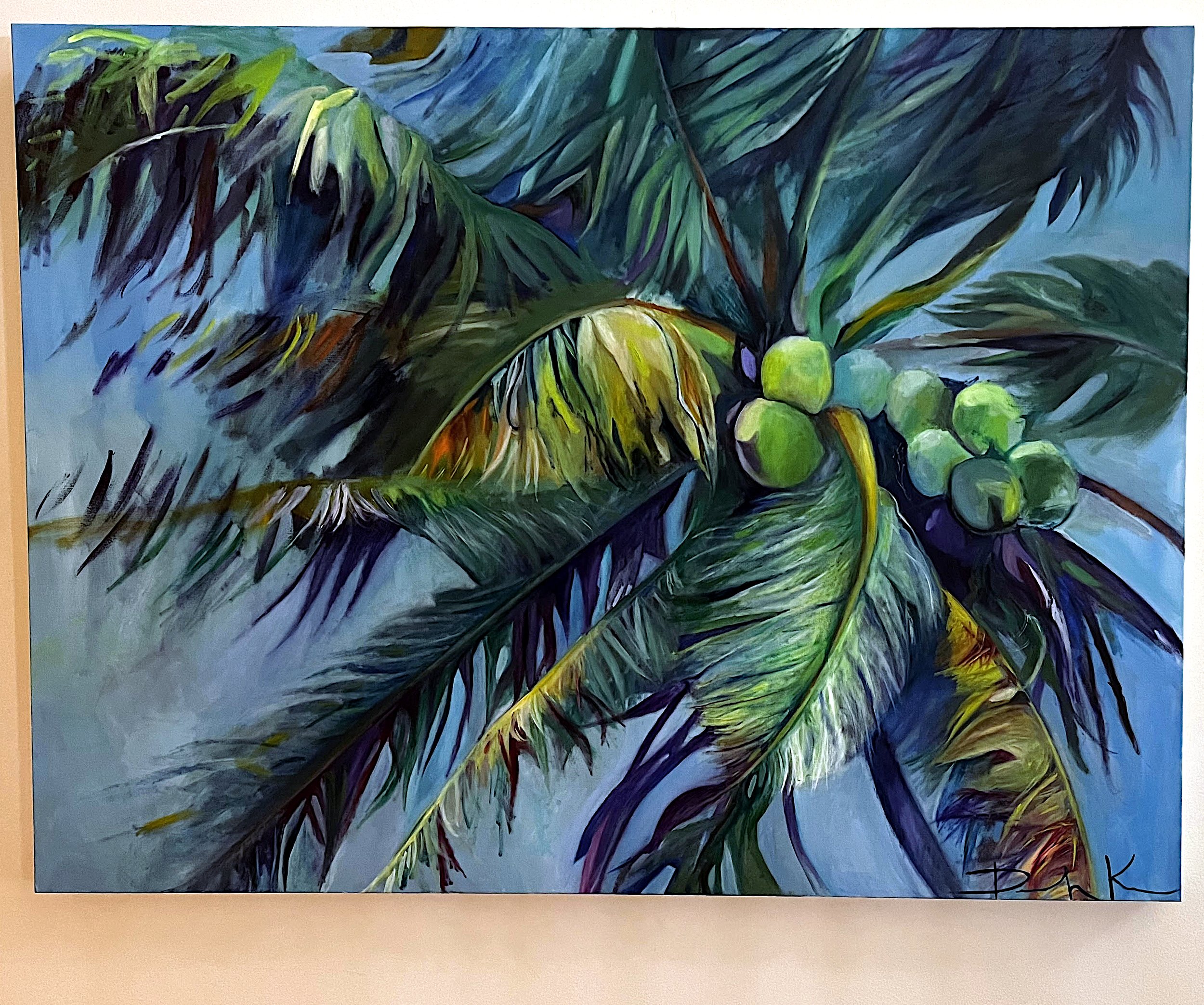 Painting of tropical palm leaves with green coconuts on a blue background.