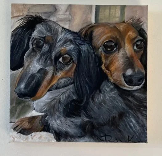 Painting of two dogs, likely dachshunds, sitting close together.