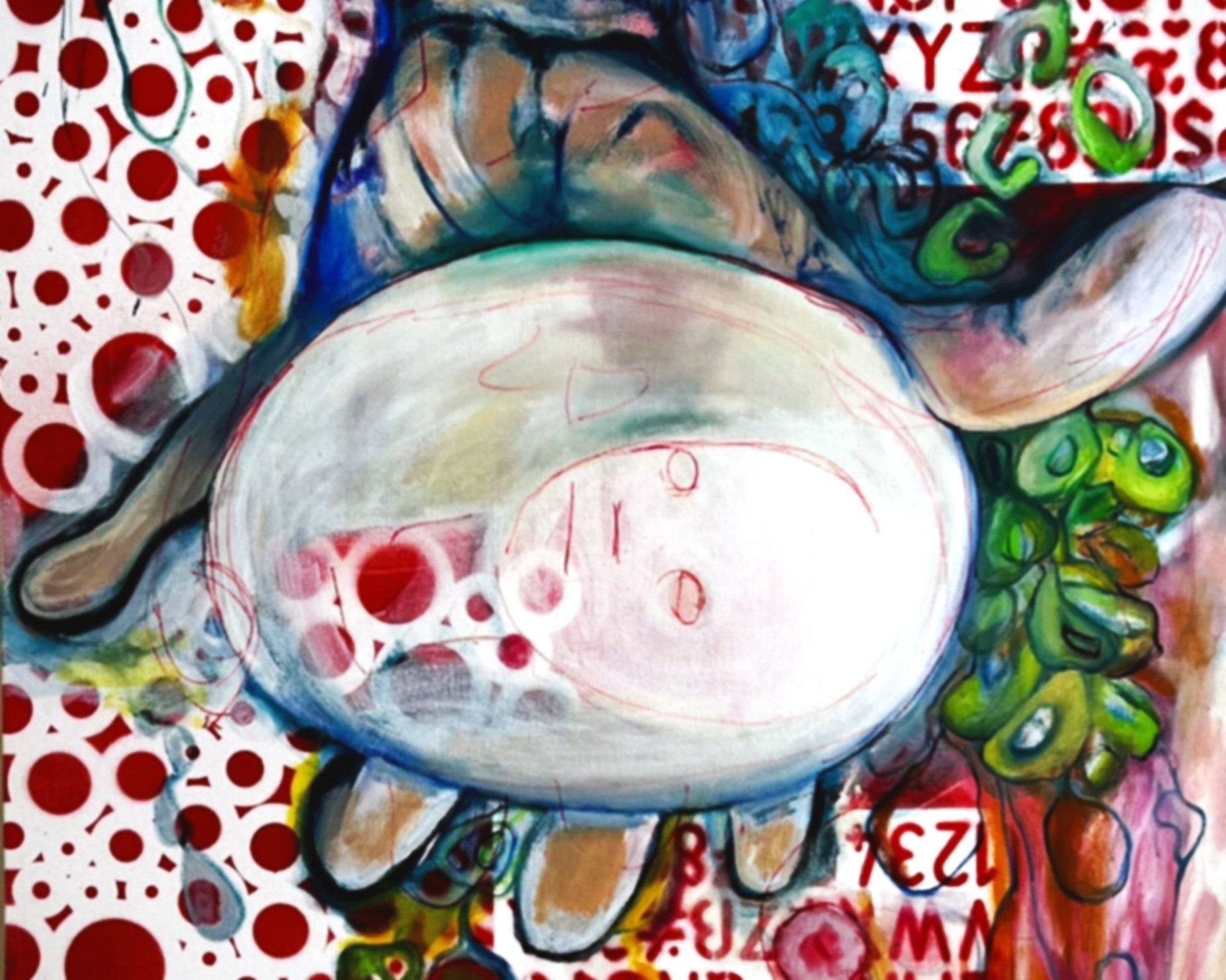 A colorful abstract painting of a white plate with a spoon and some green vegetables around it, on a red-and-white patterned background.