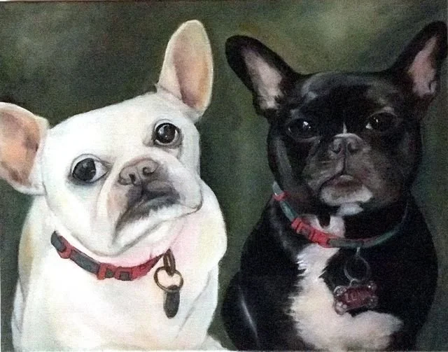 Painting of two French Bulldogs, one white and one black, sitting side by side against a greenish background.
