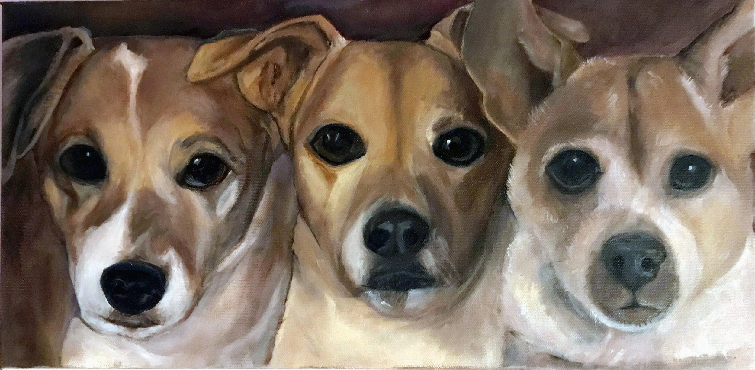 Painting of three adorable small dogs with expressive eyes, close-up portrait.