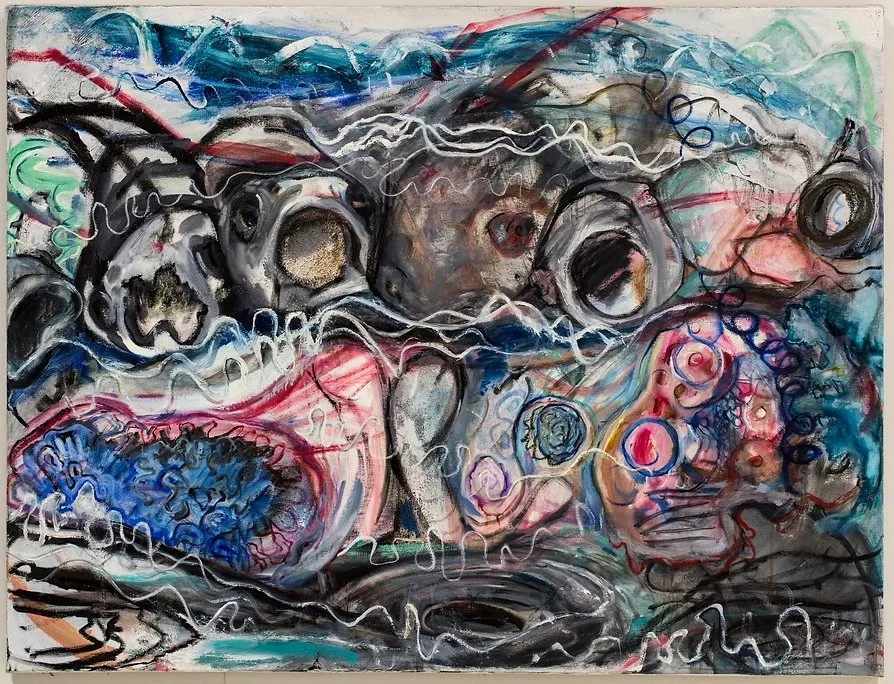 Abstract painting depicting various animal skulls intertwined with colorful, swirling lines and shapes.