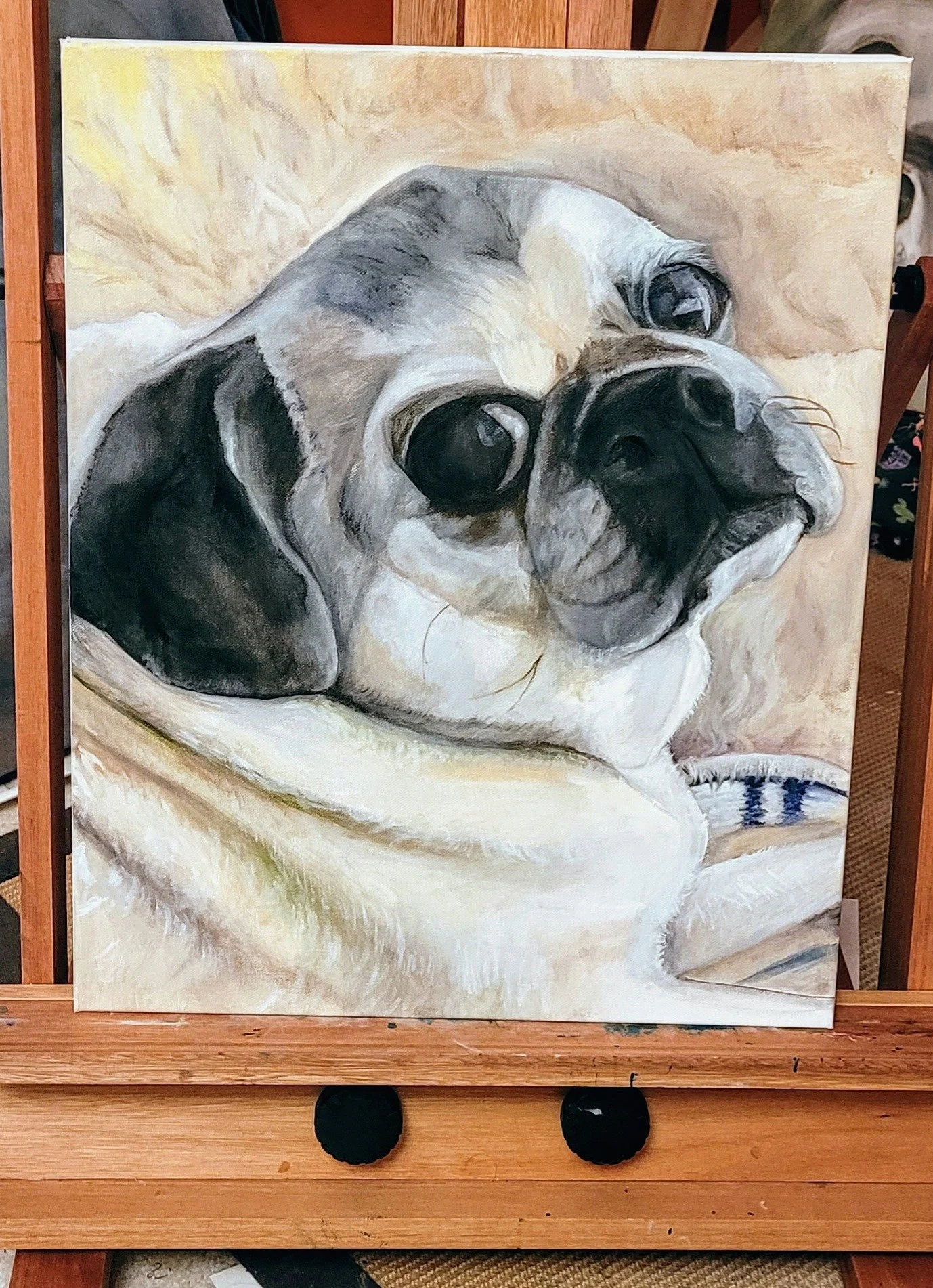 A realistic painting of a dog, possibly a Beagle, lying down with its head resting on a soft surface.