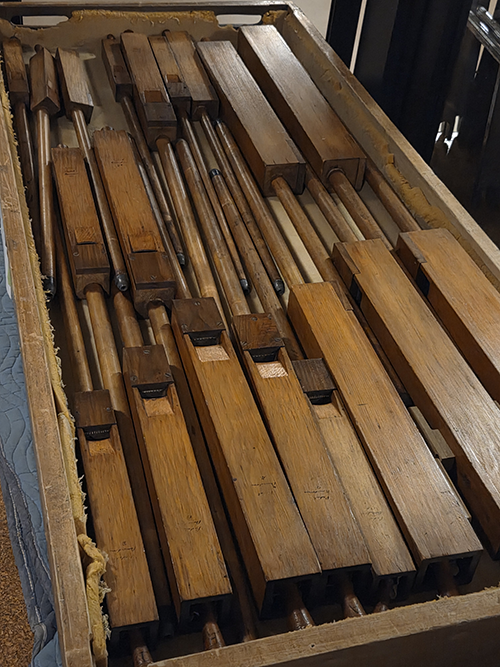 The Schantz Organ Company removed and boxed pipes for shipping  to their headquarters in Ohio.