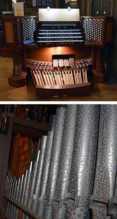 The console (top) and section of lead-tin “principal” pipes (bottom) work together to produce a warm, mellow t one.