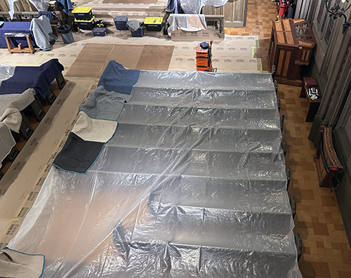 The sanctuary of First United Methodist Church, Chicago, was closed during the dismantling of the of the organ, with church services moved to Dixon Chapel/James Parlor on the second floor.