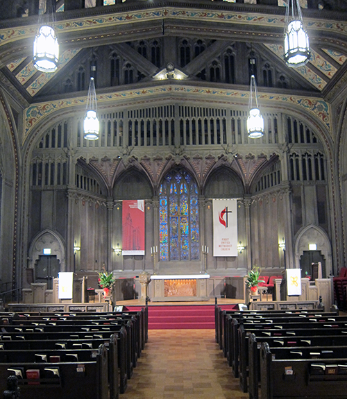 Opus 414 is installed above the chancel of the sanctuary at First United Methodist Church in the Chicago Temple building.