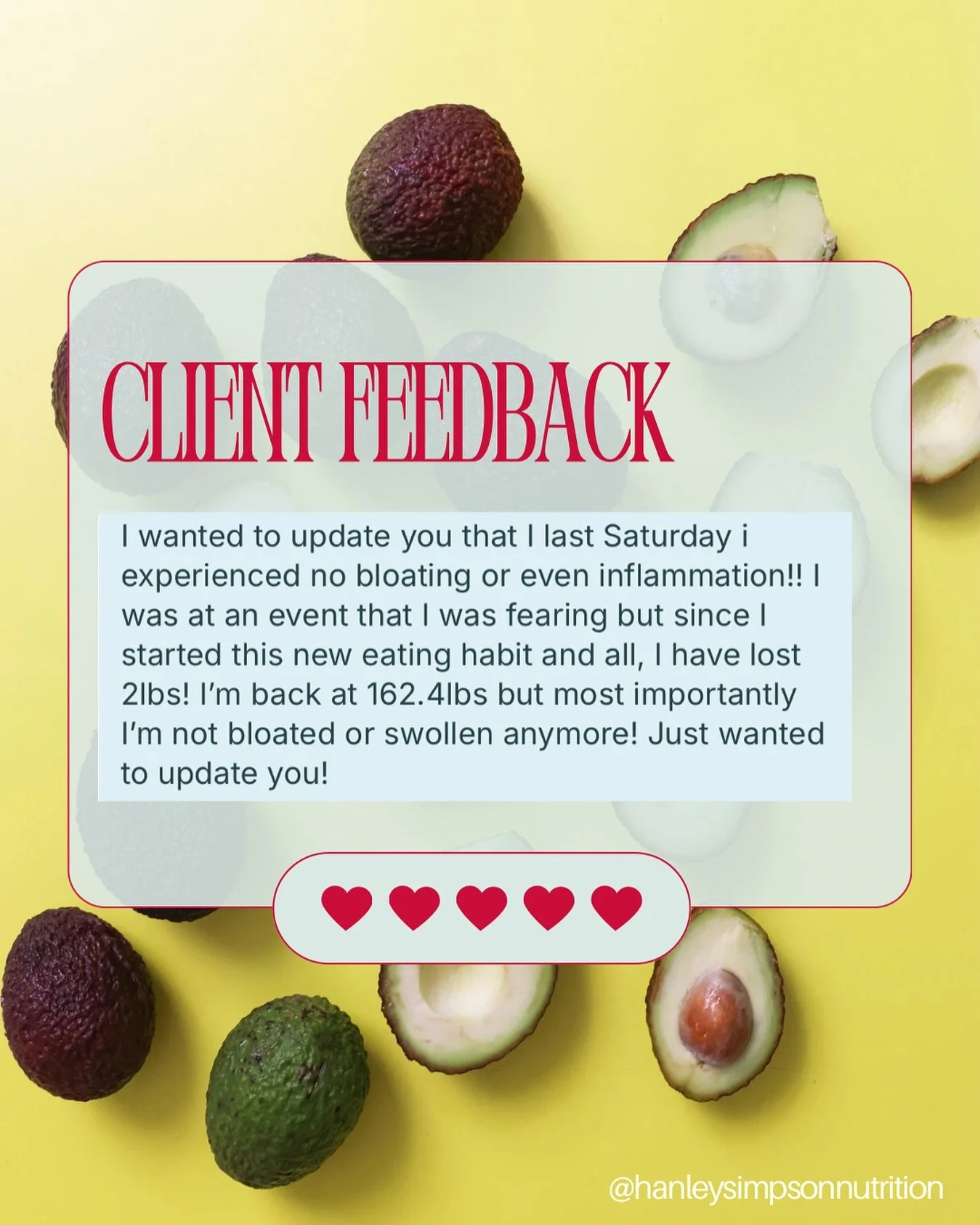 ⭐️⭐️⭐️⭐️⭐️ 
Nothing makes us happier than seeing clients feel lighter, more energized, and confident in their bodies again!

#ClientWin #DigestiveHealth #NutritionMatters #HanleySimpsonNutrition