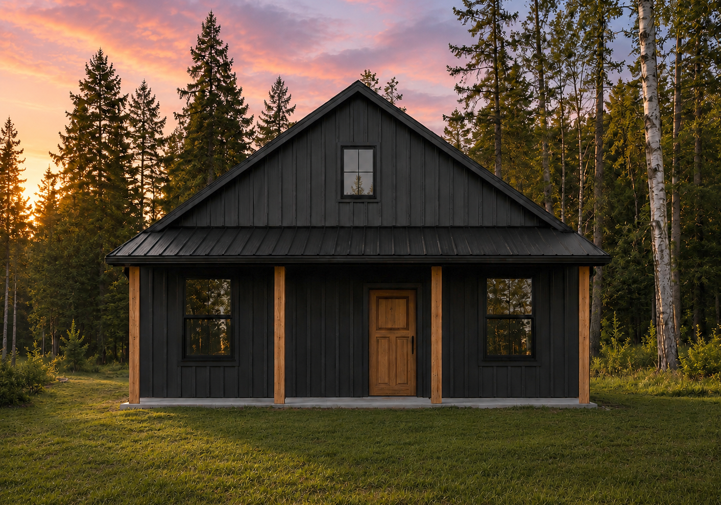 A black wooden house with a metal roof, surrounded by tall trees during sunset.