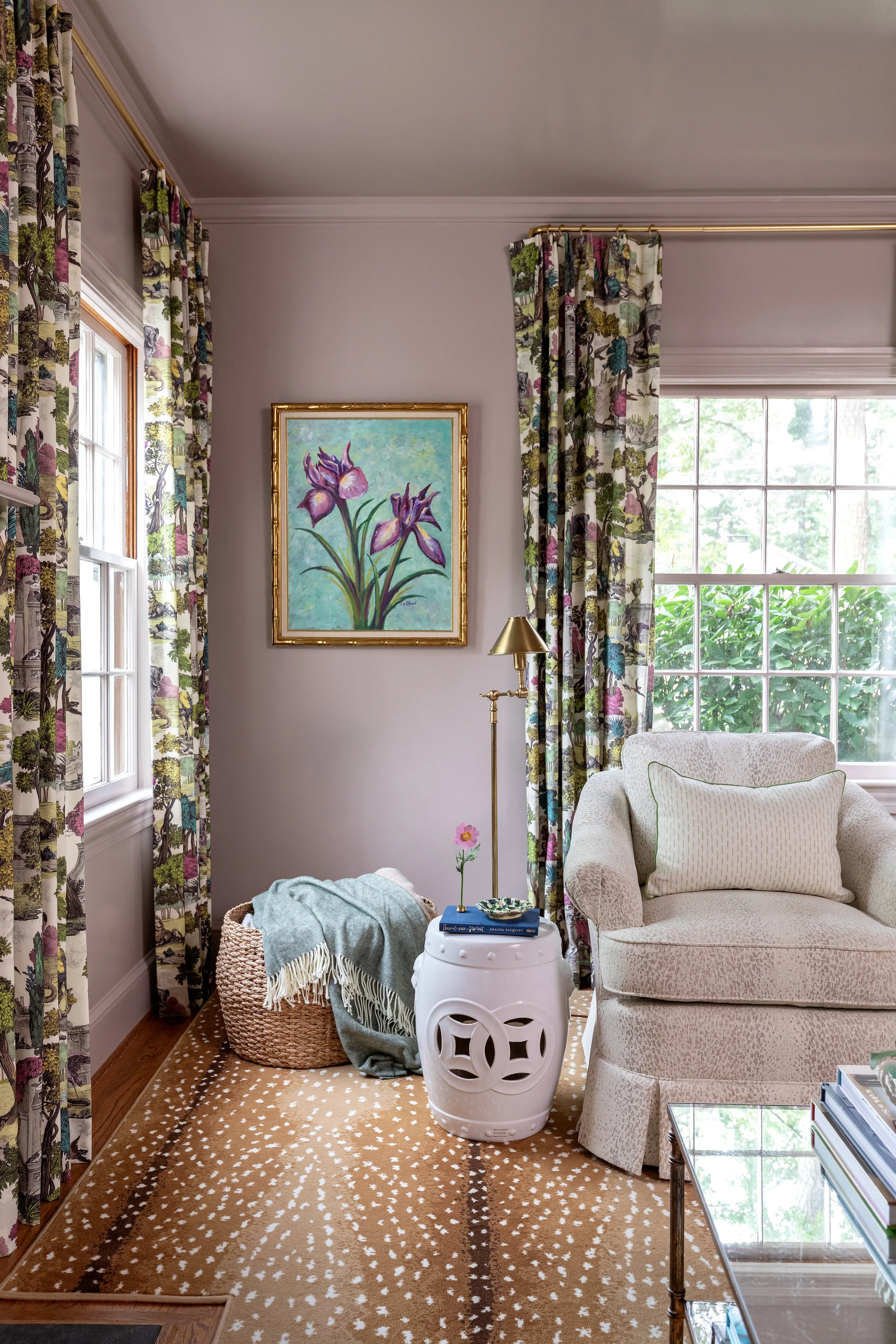 Living room with jewel tones and colorfully classic designs