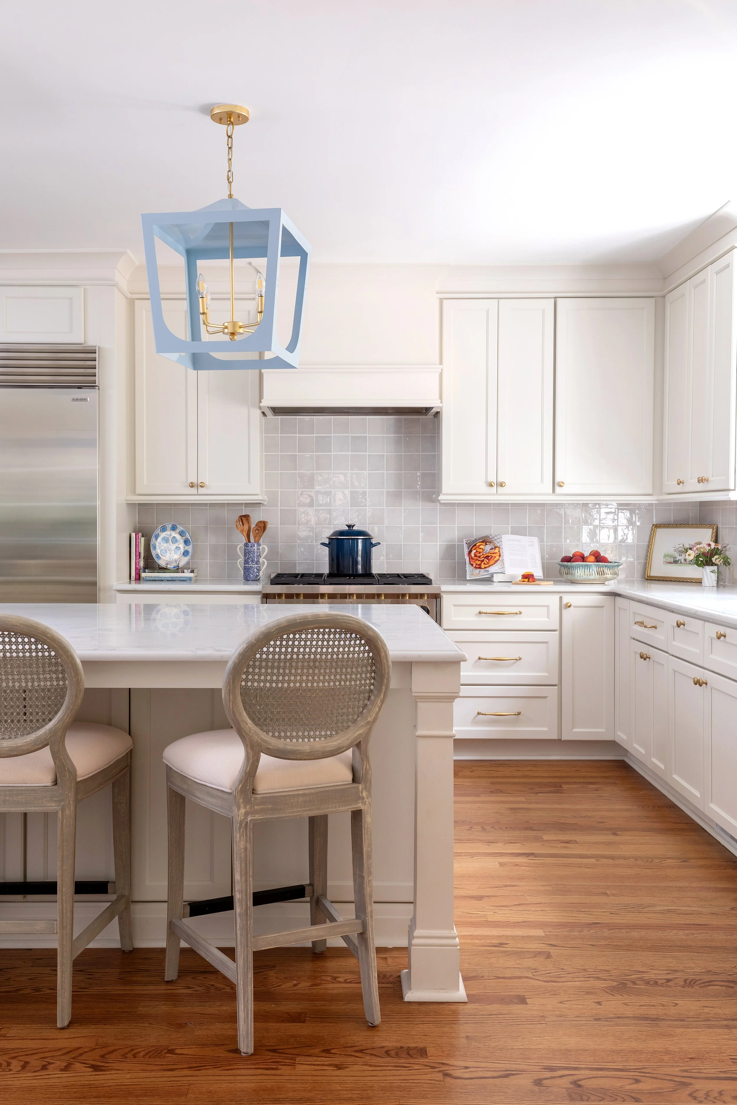 Clean and classic dining room with blue accents in NC