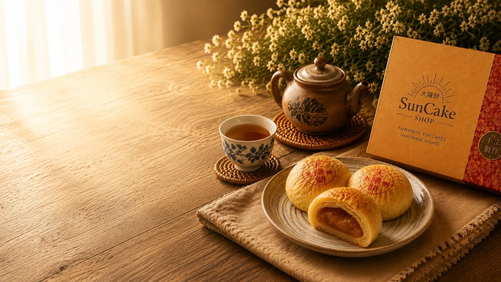A tea set with a teapot, a cup of tea, and three pineapple cakes on a plate, with a SunCake Shop box and white flowers in the background on a wooden table.