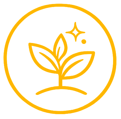 A minimalist gold emblem of a sprouting plant with two leaves, enclosed in a gold circle, with a small star-like sparkle above the plant.