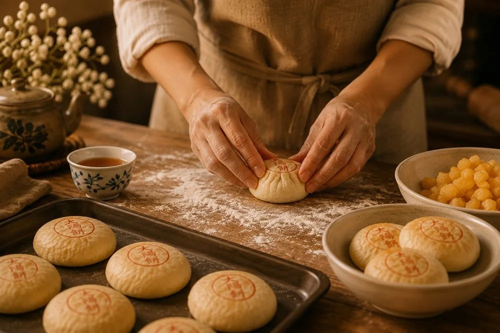 Person shaping dough for mooncakes on a floured surface with various bowls of ingredients and finished mooncakes around.