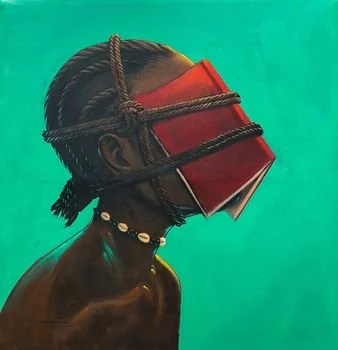 Person with braided hair and shell necklace, with books tied around their head with rope, against a teal background.