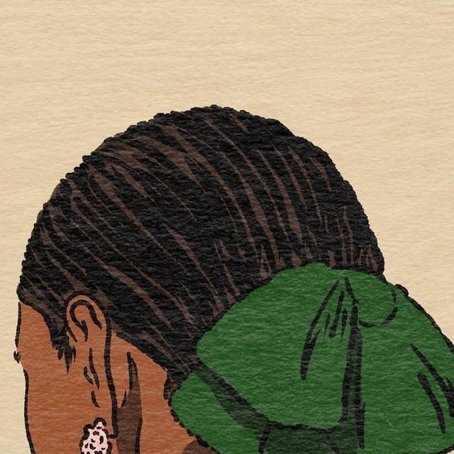 Digital illustration of a woman with braided hair, wearing earrings, and holding a green book or notebook.