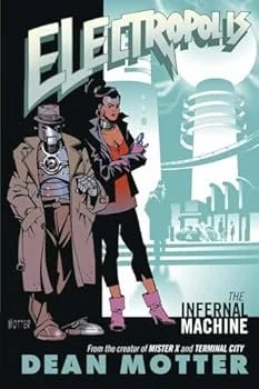 Cover of the comic book 'Electropolis' depicting two characters in front of a futuristic cityscape, with the title and author names.