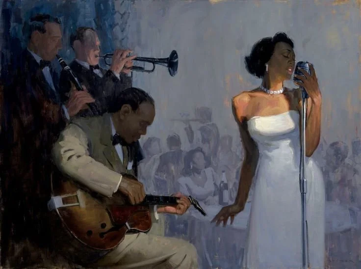 A painting of a jazz band performing live, featuring a female singer in a white dress, a guitarist, and trumpet players with a crowd in the background.