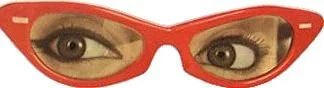 A pair of red sunglasses with eyes visible through the lenses