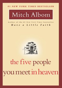 Book cover of 'The Five People You Meet in Heaven' by Mitch Albom, featuring a Ferris wheel illustration on a cream background with a maroon border.