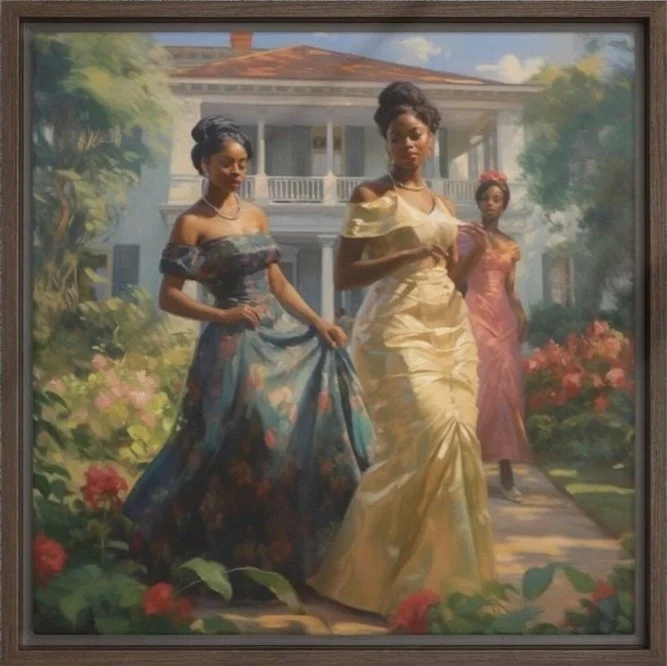 Three women dressed in elegant gowns walking on a garden path in front of a large mansion.