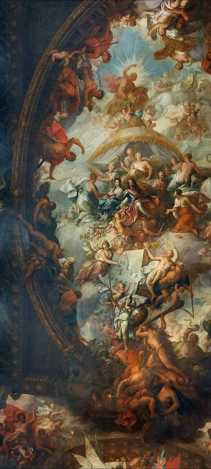 A Baroque ceiling painting depicting mythological figures, gods, and angels ascending to the heavens with clouds and radiant light, in a grand, ornate style.