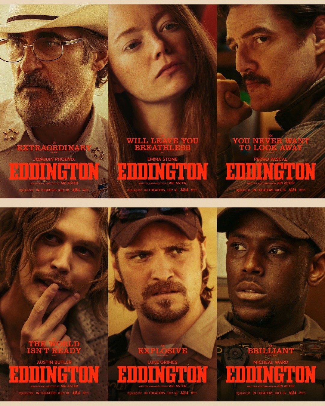 Joaquin Phoenix, Emma Stone, Pedro Pascal, and the cast of #Eddington in all-new character posters.