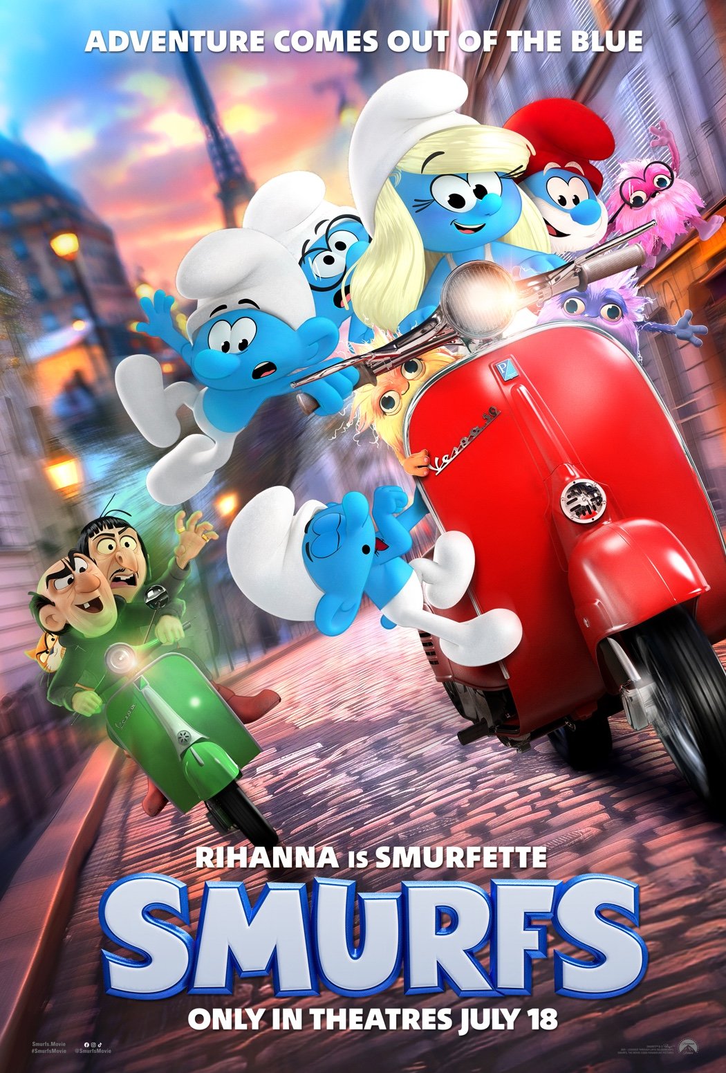SMURFS, a reboot of The Smurfs film series based on the comic book series of the same title. 
When Papa Smurf (John Goodman) is mysteriously taken by evil wizards, Razamel and Gargamel, Smurfette (Rihanna) leads the Smurfs on a mission into the real 