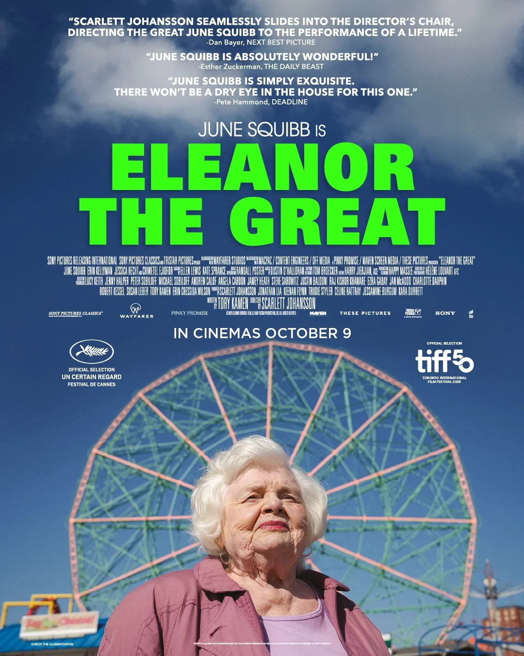 Scarlett Johansson's directorial debut ELEANOR THE GREAT from Oct 9 at Circus Cinema.

Squibb plays Eleanor Morgenstein, a 94-year-old Floridian woman, who strikes up an unlikely friendship with a 19-year-old student in New York City. It covers such 