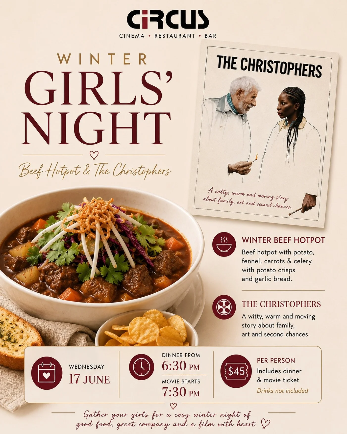 ✨ GIRLS&rsquo; NIGHT ✨

Enjoy good food, great company, and a night out together. 💕

Join us for a cosy winter evening featuring a hearty Beef Hotpot and a screening of The Christophers.

🍲 Beef Hotpot served with Potato crisps and Garlic bread. 

