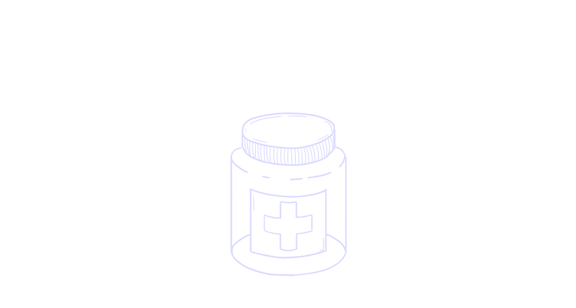 Outline drawing of a pill bottle with a cross symbol on it, isolated on black background.